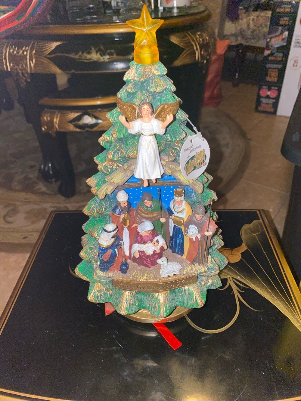 Green Holiday Nativity Tree Figurine with Angel Topper
